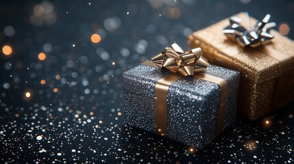 Two decorative gift boxes in gold and silver tones sparkle against a blurred festive backdrop