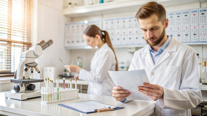 Obraz premium Scientists working in a laboratory with medical reports and test tubes