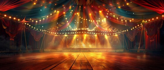 Empty circus stage in a tent, brightly lit by yellow spotlights with red curtains and fairy lights, evokes festive grandeur. Structure exudes showmanship despite vacancy.