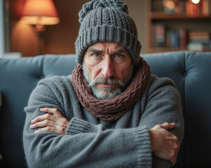 Obraz premium a gloomy man in a winter hat and scarf freezes at home