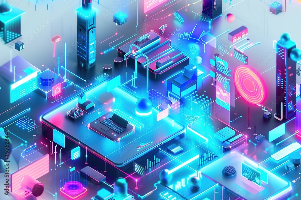 Poster hardware electronic development concept. electronic circuit board or motherboard with cpu chip or pr