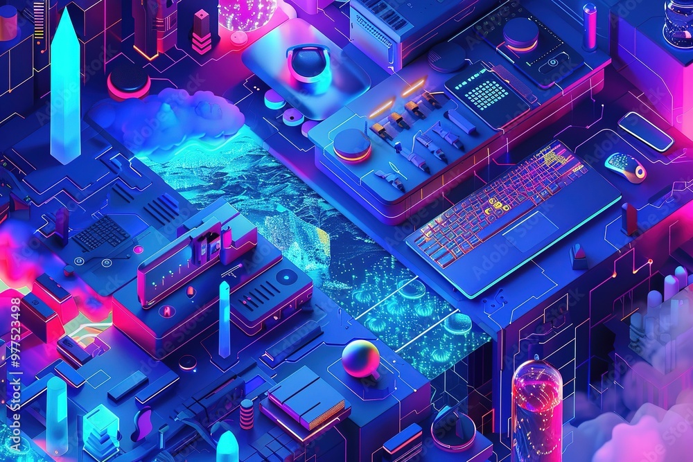 Poster hardware electronic development concept. electronic circuit board or motherboard with cpu chip or pr
