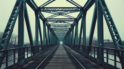 An old railway bridge with green metal structures and train tracks in misty surroundings, creating a serene atmosphere with a hint of mystery. Enhanced by cloudy weather for a captivating aesthetic.