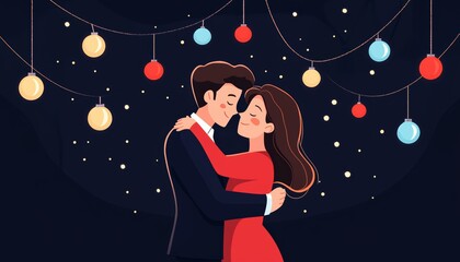A couple dancing under twinkling fairy lights at a New Years Eve party, celebrating love, joy, and new beginnings in the upcoming year