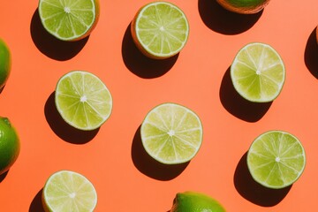 Red background with green lemon and lime slices