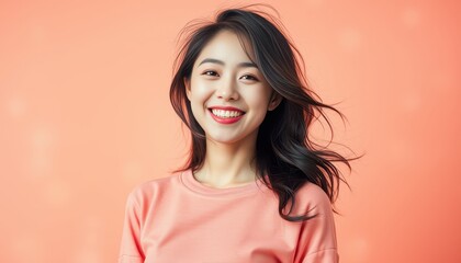 Fototapeta premium With a calm expression, the young woman’s delicate features are highlighted against a subtle, blurred background, her smile is evoking a sense of tranquility and introspection.