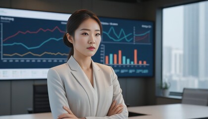 Obraz premium Executive businesswoman standing in front of a digital screen with various charts and numerical figures, emphasizing performance metrics and financial analysis in a corporate context.