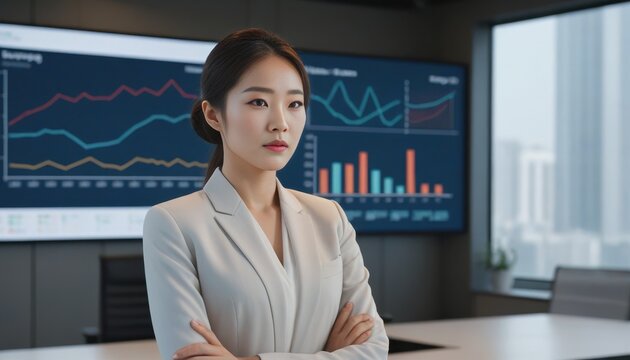 Executive businesswoman standing in front of a digital screen with various charts and numerical figures, emphasizing performance metrics and financial analysis in a corporate context. - Powered by Adobe