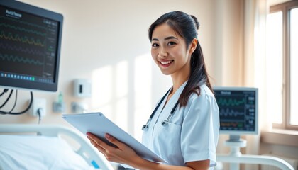 Medical Expert in a Clinical Environment Using a Computer and Holding Documents, Showcasing the Importance of Data Analysis and Technology in High-Quality Patient Care.