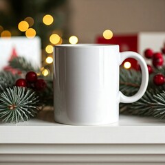 Christmas White Mug Mockup, A white coffee mug sits on a table next to a christmas tree.