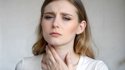 Naklejka premium Woman holding throat experiencing pain and discomfort from sore throat and illness