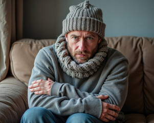 Obraz premium a gloomy man in a winter hat and scarf freezes at home