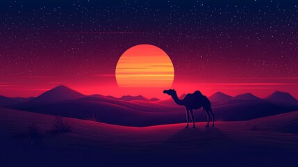2d vector illustration of silhoutte Camel in the desert