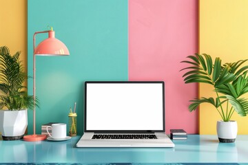 Blank white laptop screen in a vibrant modern office space, minimalistic design, empty for text