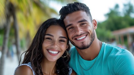 A couple is warmly embracing and smiling brilliantly at a beachside location, surrounded by sunny skies and tropical vibes, signifying joy and romantic connection.