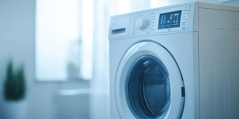 Modern washing machine in a bright and stylish laundry room, showcasing its digital display and sleek design.