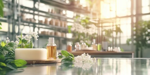 Fototapeta premium Natural spa setting with calming oils, fresh ingredients, and sunlight creating a serene atmosphere for relaxation.