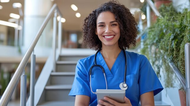 A smiling nurse in blue scrubs holds a digital tablet while sitting on a stairway, embodying professionalism, care, and dedication in a medical environment.