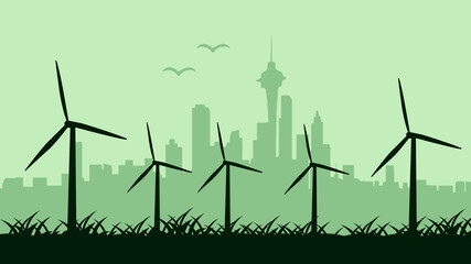 Cartoon illustration of wind turbines in a green field.