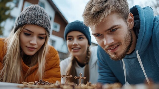 A captivating portrayal of three friends outdoors, deeply immersed in a shared activity, illustrating focus, companionship, and the joy of community interaction.