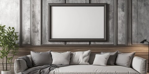 Stylish living room with a modern sofa, decorative pillows, and an empty frame ready for artwork on a sleek wall.