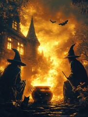 Halloween night background. The witch is brewing a potion in a cauldron on the background of a full moon over the castle