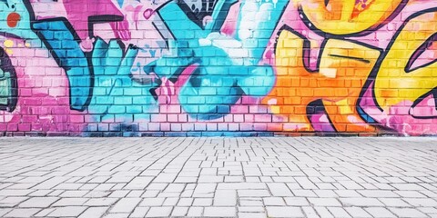 Obraz premium Vibrant graffiti wall art with colorful murals on a brick surface, perfect backdrop for urban photography or creative projects.