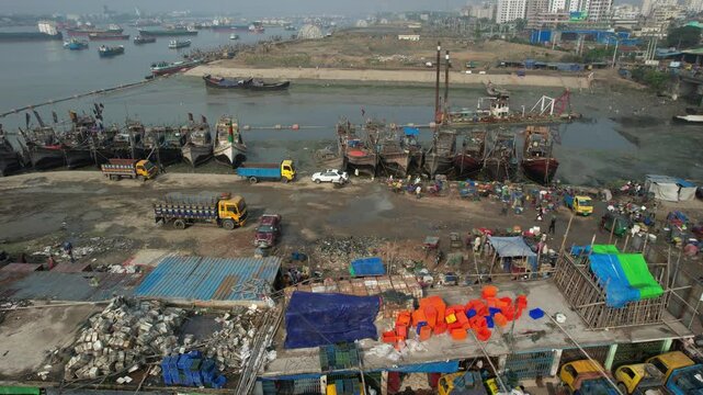 Aerial view of trawlers in front of the fish market, Chittagong, Bangladesh