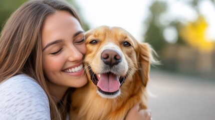 A joyous, carefree young woman with a radiant smile warmly embraces her golden retriever, both enjoying the moment, highlighting the bond between them.