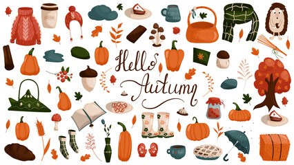 Cozy vector set of autumn icons, pumpkin,autumn leaves, berries, acorns, umbrella, rubber boots. Collection of fall elements for scrapbooking. Bright background for harvest time.