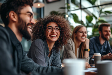Group of colleagues engaging in a discussion during a business meeting in a conference room. Happy business people, men and women