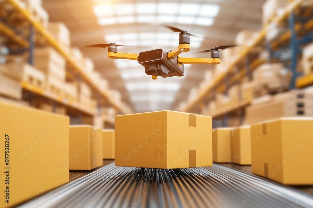 Poster advanced fully automated warehouse showcasing robotic arms conveyor belts and drones efficiently mov