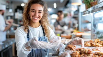Smiling and vibrant butcher wearing an apron, displaying her skills while handling fresh poultry at a dynamic and lively market setup, surrounded by meat products.