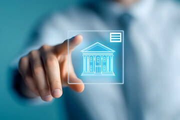 Online financial services. Financial transactions via online banking. digital banking. virtual bank. hand pointing virtual bank graphic.