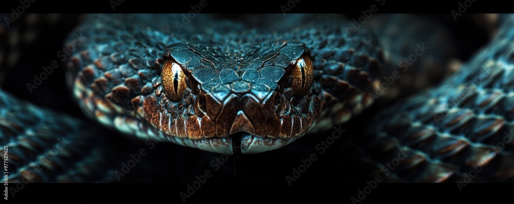 Poster macro shot of a viper snake with sharp focus on its fangs, showcasing detailed textures and fierce e