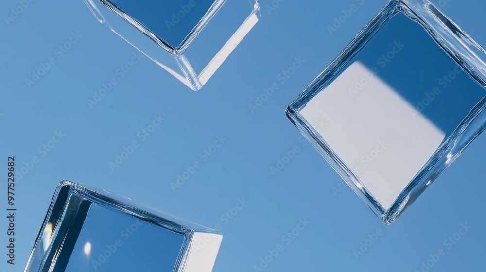 Poster three dimensional rendering of transparent blocks on a blue surface. a visionary tech design with co
