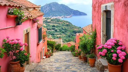 Fototapeta premium Amalfi coast look-like landscape, Italian town on the sea, terraced houses decorated with flowers. Mediterranean travel concept