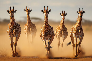 A group of five giraffes running towards the camera on a dusty plain with a blurred background, highlighting their distinctive patterns and movement in the wild.