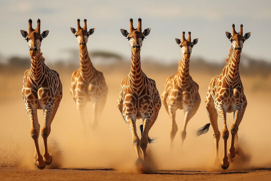 A group of five giraffes running towards the camera on a dusty plain with a blurred background, highlighting their distinctive patterns and movement in the wild.