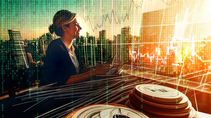 Financial service consultant. Young professional woman in city,  double exposure with graphs, charts and running digits 