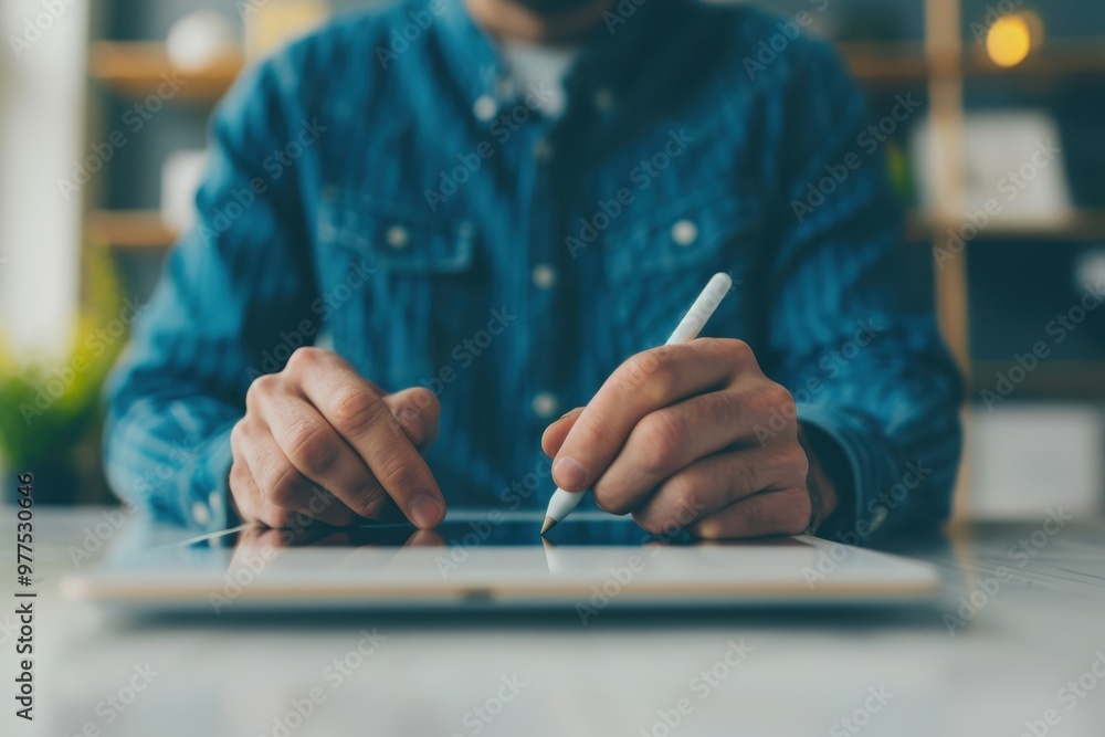 Poster man in a denim shirt using a digital stylus to draw on a tablet, working in a casual workspace, focu