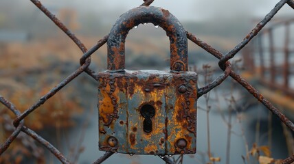 A close-up of a rusty, old padlock hanging on a chain-link fence