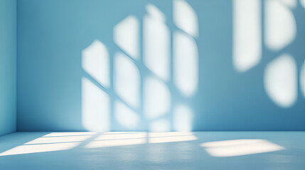 Sunlight casting soft shadows on a minimalist light blue interior wall,Light sunny wall with sunbeams bright clean soft focus shadows,A light background with captivating shadows on the wall, serving 