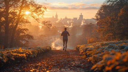 Fototapeta premium A runner on a path in a city park.
