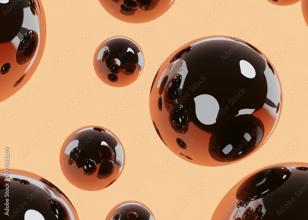 Poster an abstract geometric background with shiny smooth orange drops on a light surface is featured in th