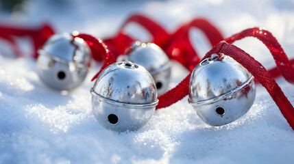 Silver jingle bells with red ribbons in the snow, festive holiday decoration