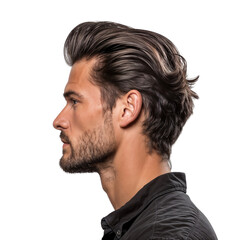 Obraz premium Portrait of a handsome man with a short haircut, side view, isolated on transparent background