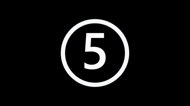 Circle countdown timer 5 seconds animation from 5 to 0 seconds. Simple animation showing a 5 times countdown timer on a black background