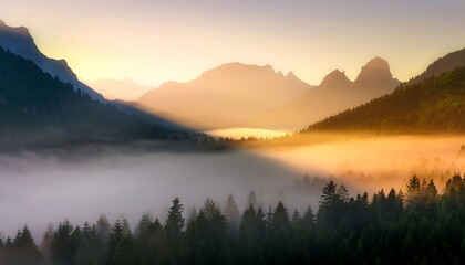 Fog-Covered Mountains. Dramatic View of Jagged Peaks Emerging from a Dense Fog with an Enigmatic and Majestic Atmosphere. Graphic art illustration