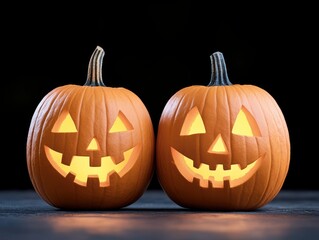 Two cheerful, carved pumpkins illuminated from within, capturing the spirit of Halloween celebration and autumn festivities.